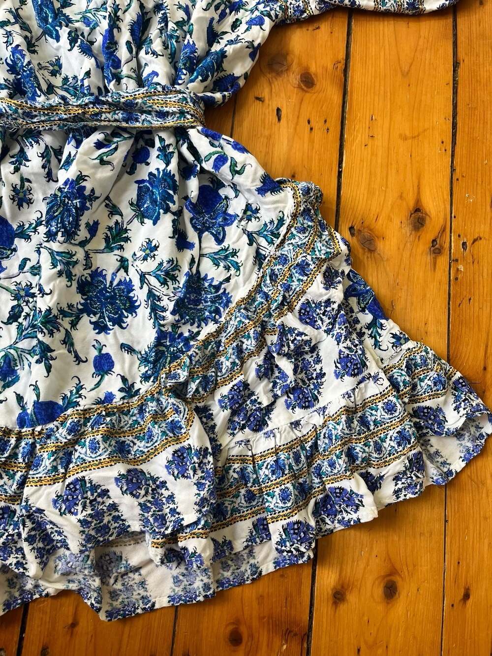 Nicole Miller Blue and White Floral Off-the-Shoulder Puff Sleeve Ruffle Dress - Picture 2 of 7